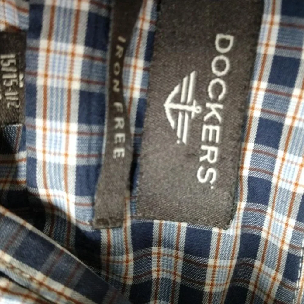 Dockers Shirt Men's Size M Blue White Gold Plaid Button Up Long Sleeve